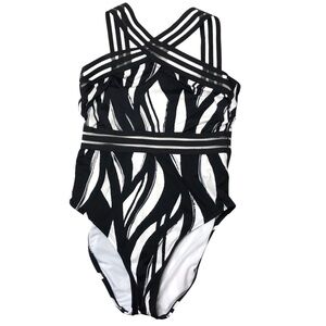 Apt 9 Swimsuit Sz L Black White One Piece Crisscross Modern Contemporary Classy